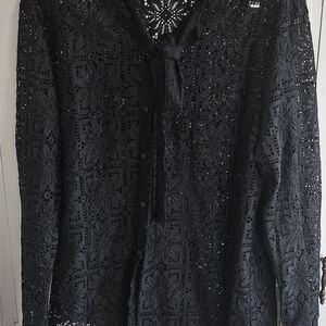 Black Lace Button-Up Blouse
